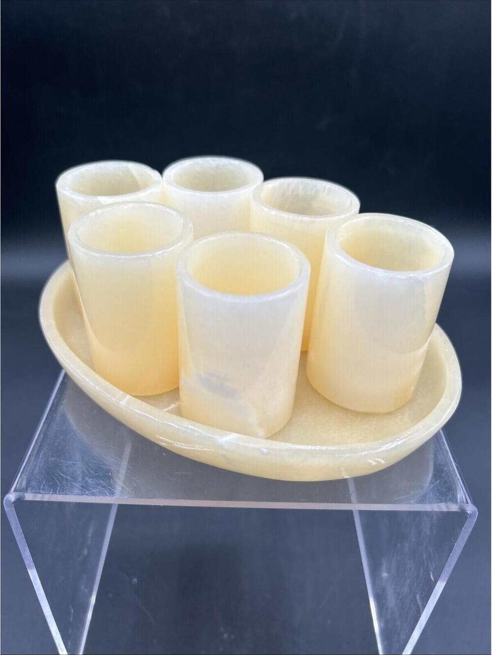 6 Hand‑Carved Melon Marble Tequila Shot Glass Set w/Tray Barware